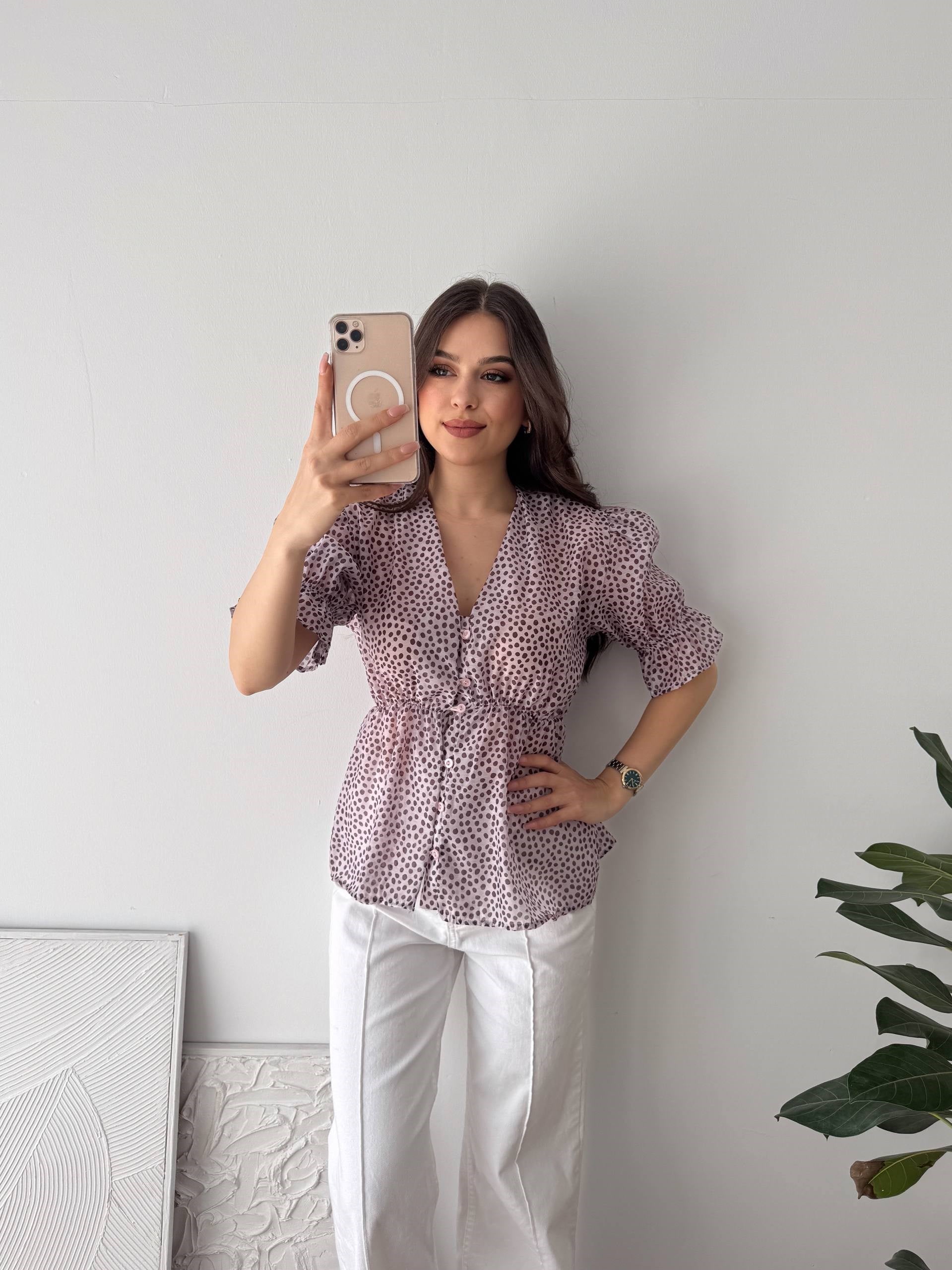 V YAKA PUANTİYE PEMBE BLUZ