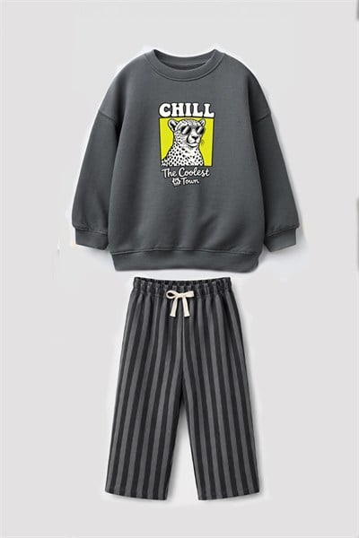 Erkek Çocuk 3 İplik Kumaş Leopar Baskılı Sweatshirt ve Çizgili Altlı Alt Üst Takım
