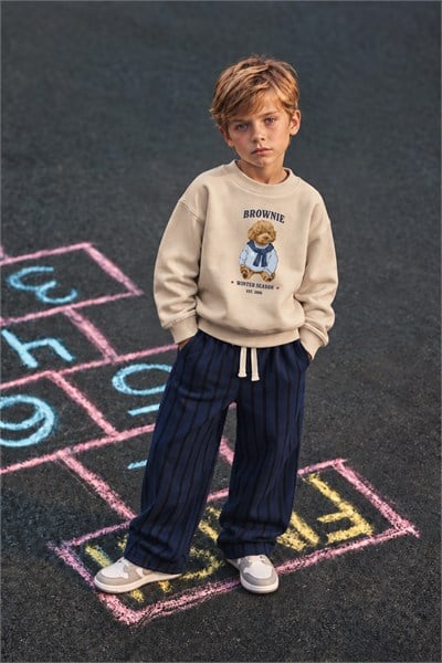 Erkek Çocuk 3 İplik Pamuklu Ayıcık Baskılı Sweatshirt ve Çizgili Altlı Alt Üst Takım