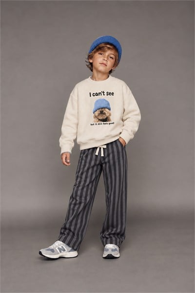 Erkek Çocuk 3 İplik Pamuklu Köpek Baskılı Sweatshirt ve Çizgili Altlı Alt Üst Takım