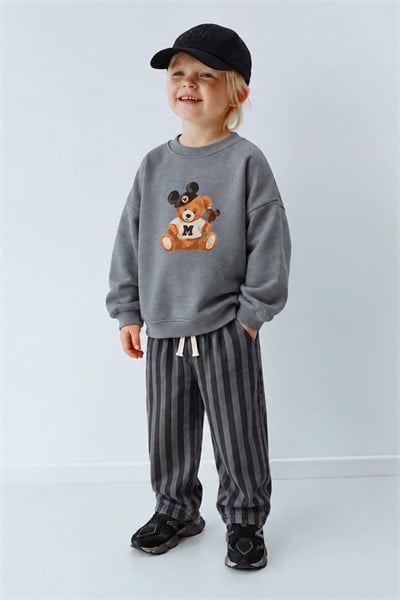 Erkek Çocuk Antrasit Ayıcık Baskılı Sweatshirt ve Çizgili Eşofman Alt Üst Takım