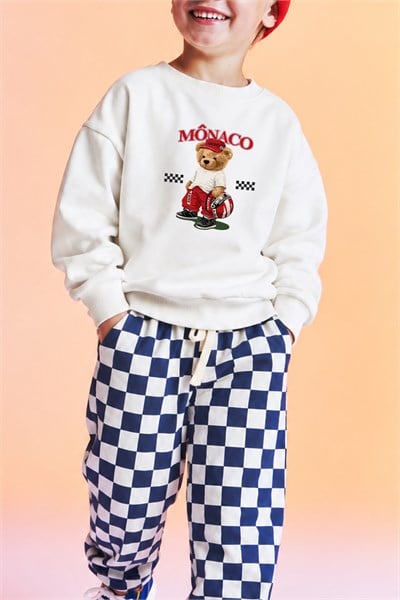 Erkek Çocuk Ekru Ayıcık Baskılı 3 İplik Kumaş Pamuklu Sweatshirt ve Lacivert Damalı Eşofman  Altüst Takım