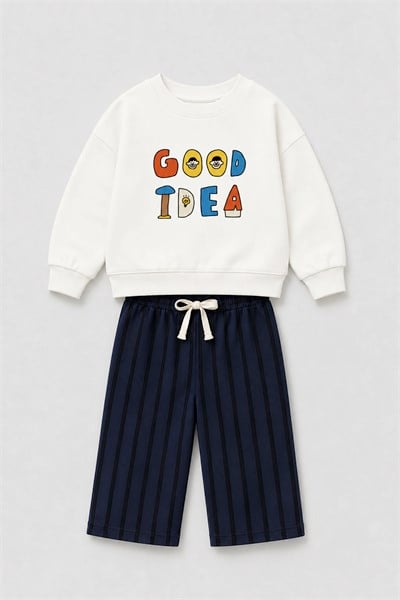 Erkek Çocuk Ekru Slogan Baskılı Sweatshirt ve Lacivert Çizgili Eşofman Alt Üst Takım