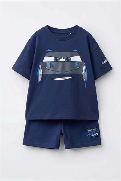 Erkek Çocuk Lacivert Pamuklu Bisiklet Yaka Araba Baskılı T-Shirt ve Şort Alt Üst Takım