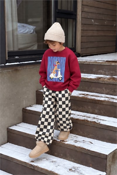 Erkek Çocuk Pamuklu 3 İplik Bordo Köpek Baskılı Sweatshirt ve Kareli Altlı Alt Üst Takım