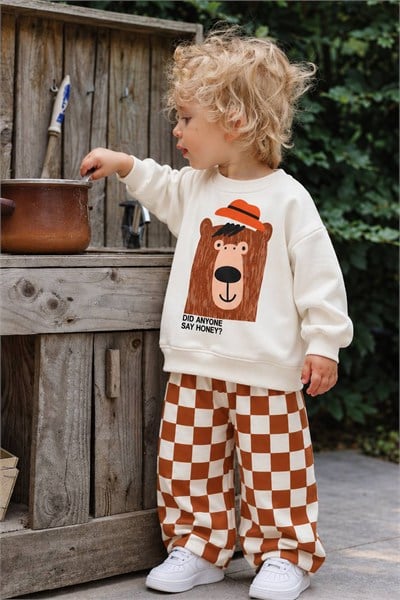 Erkek Çocuk Pamuklu 3 İplik Ekru Ayıcık Baskılı Sweatshirt ve Kareli Altlı Alt Üst Takım