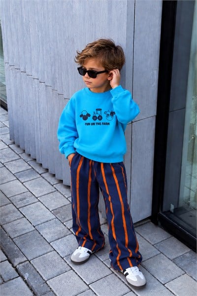 Erkek Çocuk Pamuklu 3 İplik Mavi Baskılı Sweatshirt ve Çizgili Altlı Alt Üst Takım