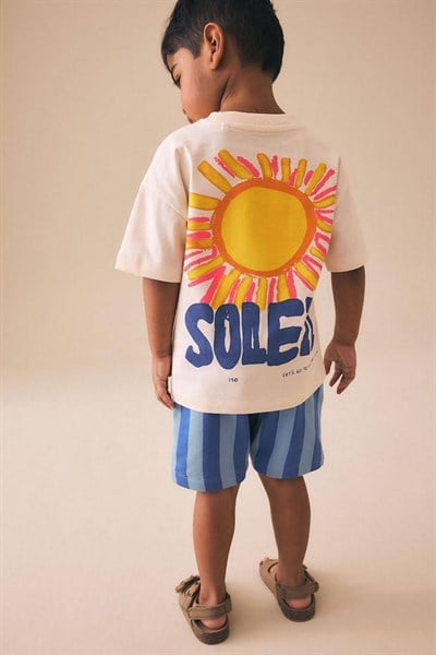 Erkek Çocuk Pamuklu Bisiklet Yaka Baskılı T-Shirt. ve Şort Alt Üst Takım
