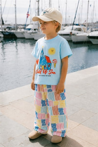Erkek Çocuk Pamuklu Bisiklet Yaka Mavi Baskılı T-Shirt ve Pantolon Alt Üst Takım