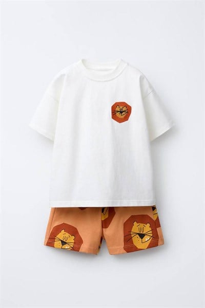 Erkek Çocuk Pamuklu Ekru Aslan Baskılı T-Shirt ve Şort Alt Üst Takım