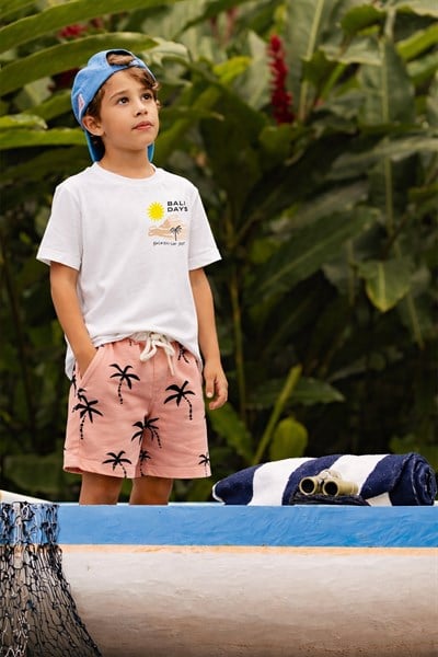 Erkek Çocuk Pamuklu Ekru Palmiye Baskılı T-Shirt ve Şort Alt Üst Takım