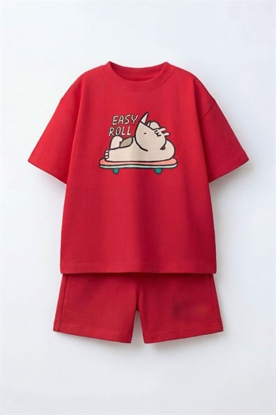 Erkek Çocuk Pamuklu Kırmızı Gergedan Baskılı T-Shirt ve Şort Alt Üst Takım