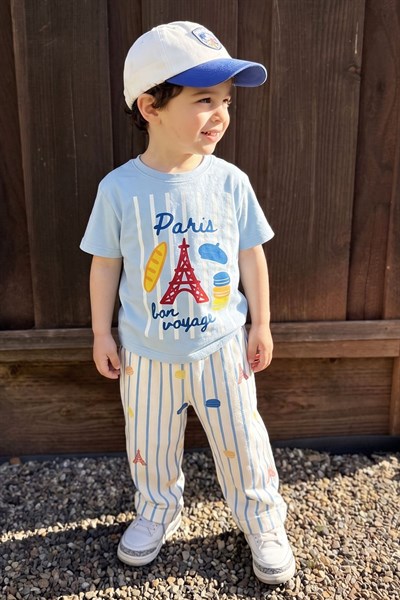 Erkek Çocuk Pamuklu Mavi Paris Baskılı T-Shirt ve Çizgili Pantolon Alt Üst Takım