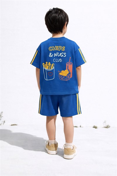 Erkek Çocuk Pamuklu Saks Baskılı T-Shirt ve Şort Alt Üst Takım