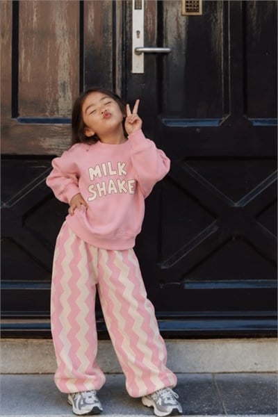 Kız Çocuk 3 İplik Pamuklu Kumaş Pembe Milk Shake Baskılı Alt Üst Takım