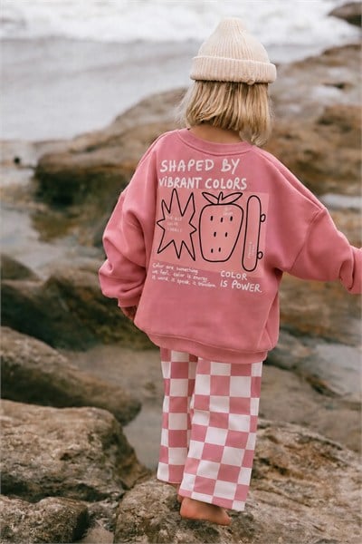 Kız Çocuk 3 İplik Pamuklu Kumaş Pembe Baskılı Sweatshirt. ve Kareli Altlı Alt Üst Takım