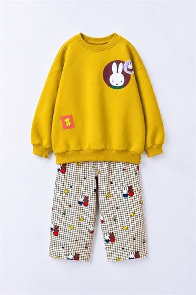 Kız Çocuk 3 İplik Pamuklu Kumaş Sarı Tavşan Baskılı Sweatshirt ve Kareli Altlı Alt Üst Takım