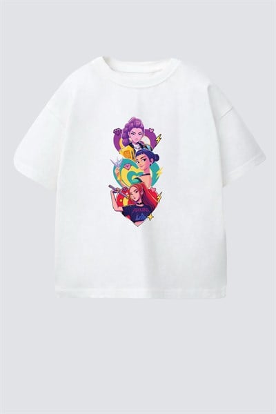 Kız Çocuk Pamuklu Bisiklet Yaka Huntrix Baskılı T-Shirt