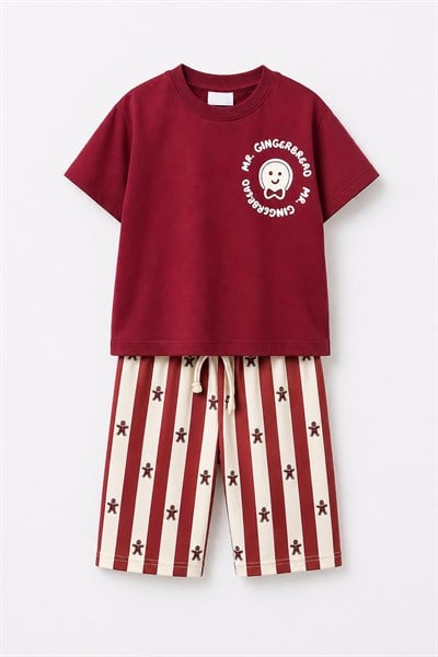 Kız Çocuk Pamuklu Bordo Kurabiye Baskılı T-Shirt ve Eşofman Alt Üst Takım