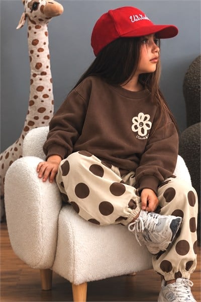 Kız Çocuk Pamuklu Çiçek Baskılı Sweatshirt ve Puantiye Baskılı Eşofman Alt Üst Takım