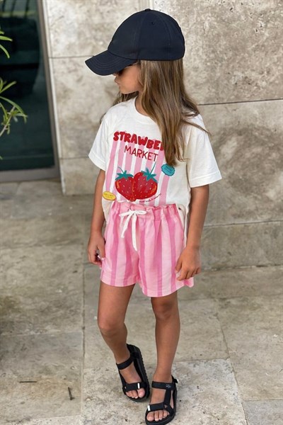 Kız Çocuk Pamuklu Çilek Baskılı T-Shirt ve Çizgili Şort Alt Üst Takım