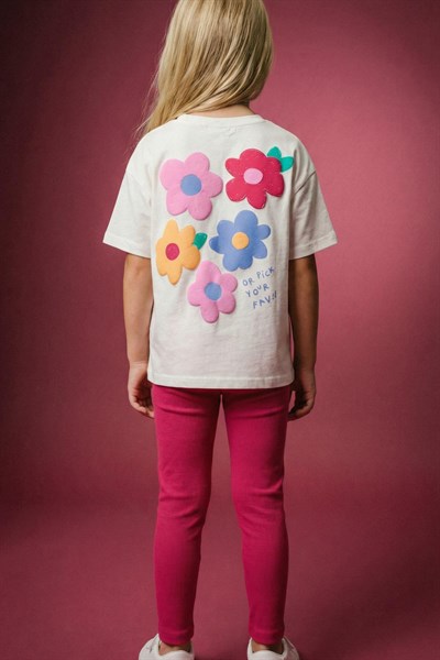 Kız Çocuk Pamuklu Ekru Çiçek Baskılı T-Shirt ve Pembe Tayt Alt Üst Takım