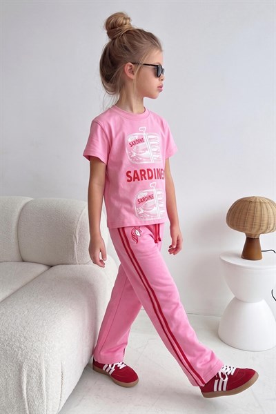 Kız Çocuk Pamuklu Pembe Baskılı T-Shirt ve Eşofman Alt Üst Takım
