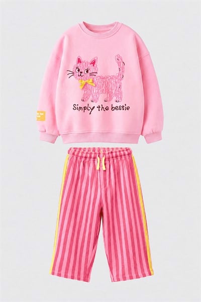 Kız Çocuk Pembe Kedi Baskılı Sweatshirt ve Pembe Çizgili Eşofman Alt Üst Takım