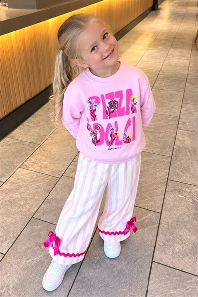 Kız Çocuk Pembe Pizza Yazılı Pamuklu Sweatshirt ve Pembe Çizgili Kanvas Pantolonlu Alt Üst Takım