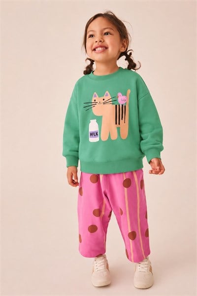 Kız Çocuk Yeşil Kedi Baskılı Pamuklu Sweatshirt ve Pembe Puantiyeli Eşofman Alt Üst Takım