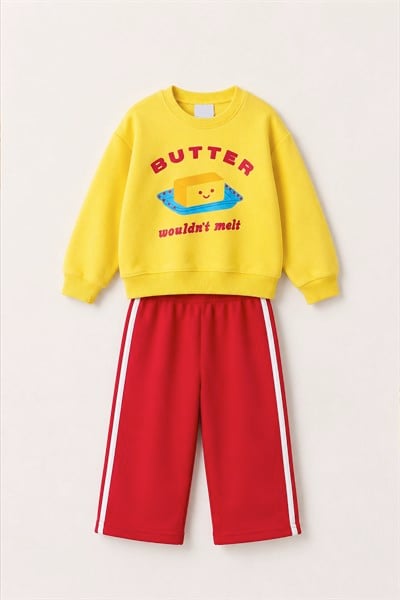 Unisex Çocuk Baskılı Sarı Sweatshirt ve Kırmızı Eşofman Alt Üst Takım