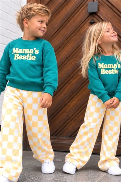 Unisex Çocuk Pamuklu 3 İplik Yeşil Baskılı Sweatshirt ve Kareli Altlı Alt Üst Takım