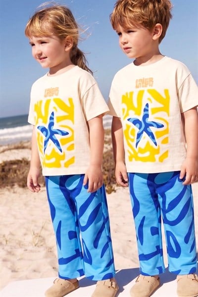 Unisex Çocuk Pamuklu Bisiklet Yaka Baskılı T-Shirt ve Mavi Eşofman Alt Üst Takım