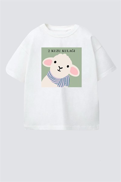 Unisex Çocuk Pamuklu Bisiklet Yaka Kuzu Kulağı Baskılı T-Shirt