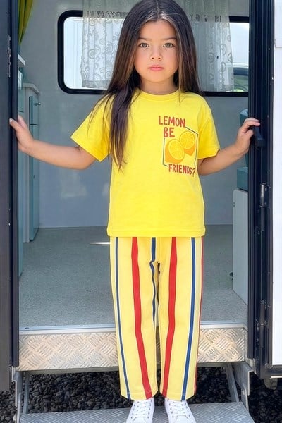 Unisex Çocuk Pamuklu Sarı Limon Baskılı T-Shirt ve Eşofman Alt Üst Takım