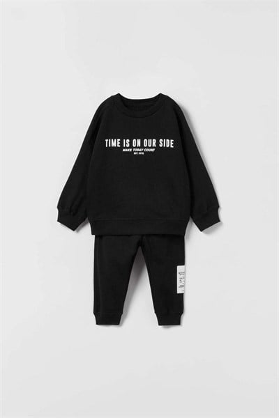 Unisex Siyah Basic Baskılı 3 İplik Kumaş Eşofman Altüst Takım