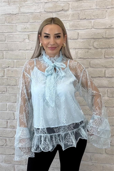Garciel Mavi Kendinden Bodyli İthal Tül Gömlek
