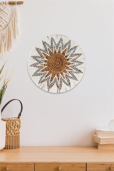 Bohem Hasır Yuvarlak Duvar Dekoru Bambu ve Makrome İle Yapılan Duvar Süsü 50 cm x 50 cm