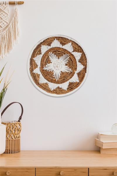 Bohem Hasır Yuvarlak Duvar Dekoru Bambu ve Makrome İle Yapılan Duvar Süsü 50 cm x 50 cm