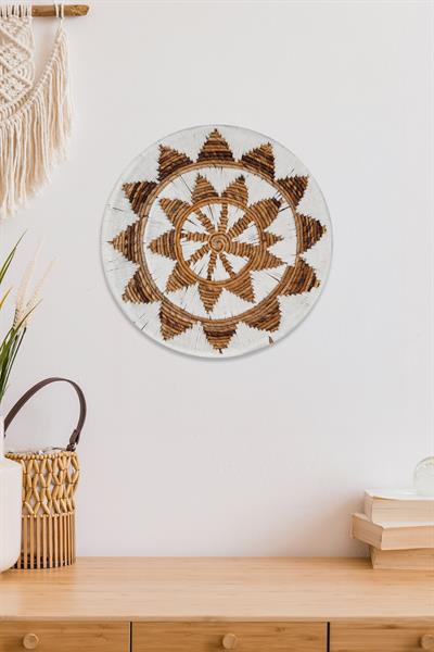 Bohem Hasır Yuvarlak Duvar Dekoru Bambu ve Makrome İle Yapılan Duvar Süsü 50 cm x 50 cm