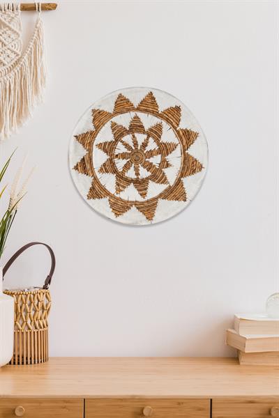 Bohem Hasır Yuvarlak Duvar Dekoru Bambu ve Makrome İle Yapılan Duvar Süsü 50 cm x 50 cm