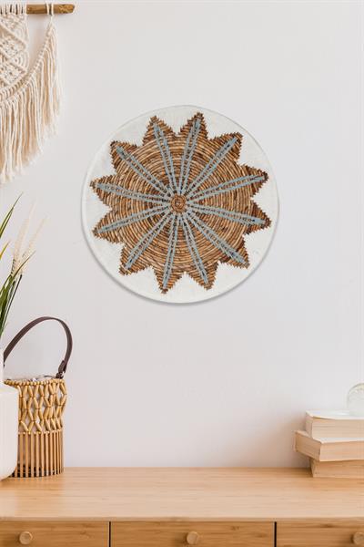 Bohem Hasır Yuvarlak Duvar Dekoru Bambu ve Makrome İle Yapılan Duvar Süsü 50 cm x 50 cm