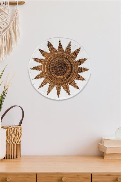 Bohem Hasır Yuvarlak Duvar Dekoru Bambu ve Makrome İle Yapılan Duvar Süsü 50 cm x 50 cm
