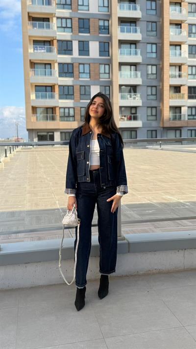 Kontrast Yakalı Ekose Detaylı Denim Takım