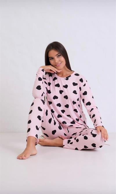  Siyah Kalp Desenli Uzun Kollu Kadın Pijama Takımı Pembe