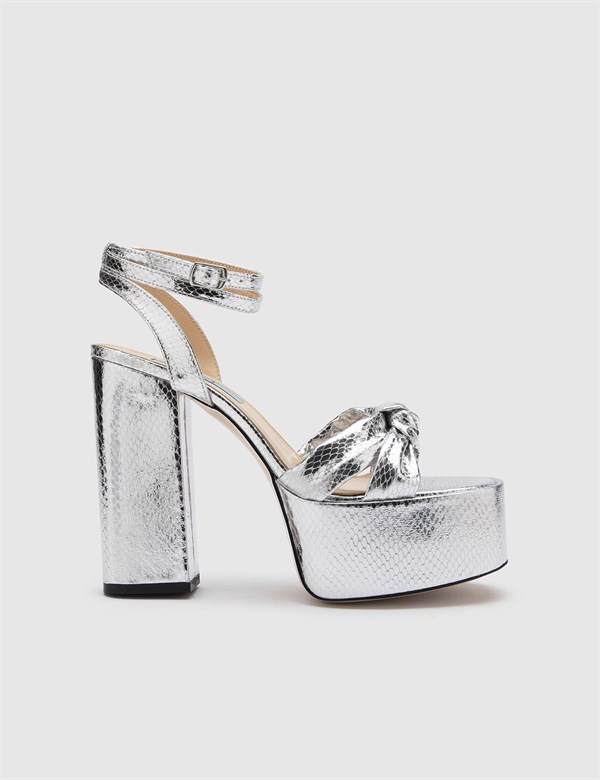 Alcott Yılan Desenli Hakiki Deri Kadın Gümüş Topuklu Sandalet