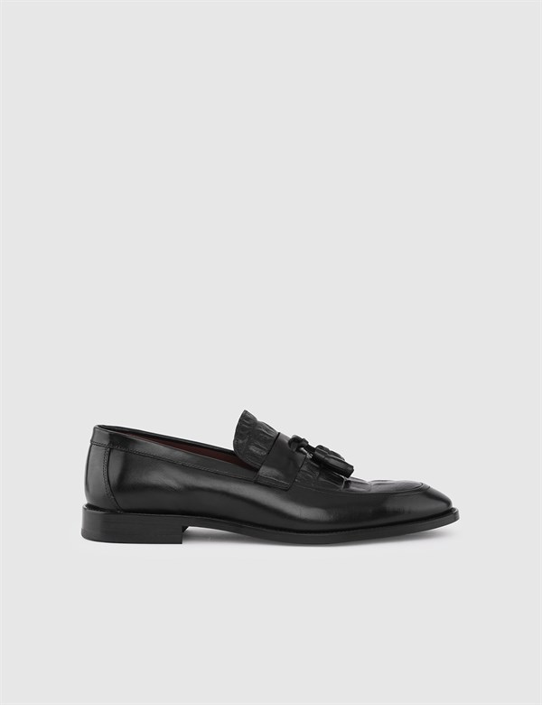 Bestla Hakiki Antik Deri Timsah Baskı Erkek Siyah Klasik Ayakkabı