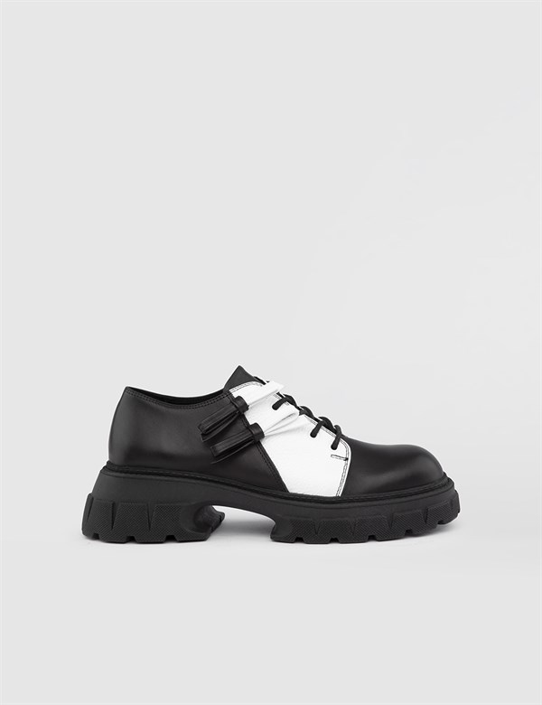 Engla Hakiki Deri Kadın Siyah Beyaz Oxford Ayakkabı