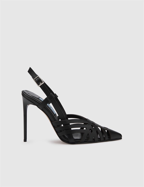 Miro Hakiki Deri Kadın Siyah Topuklu Sandalet
