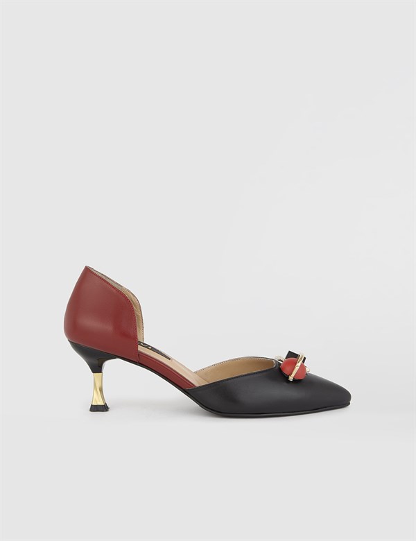 Nurdey Hakiki Deri Kadın Siyah Kırmızı Topuklu Sandalet